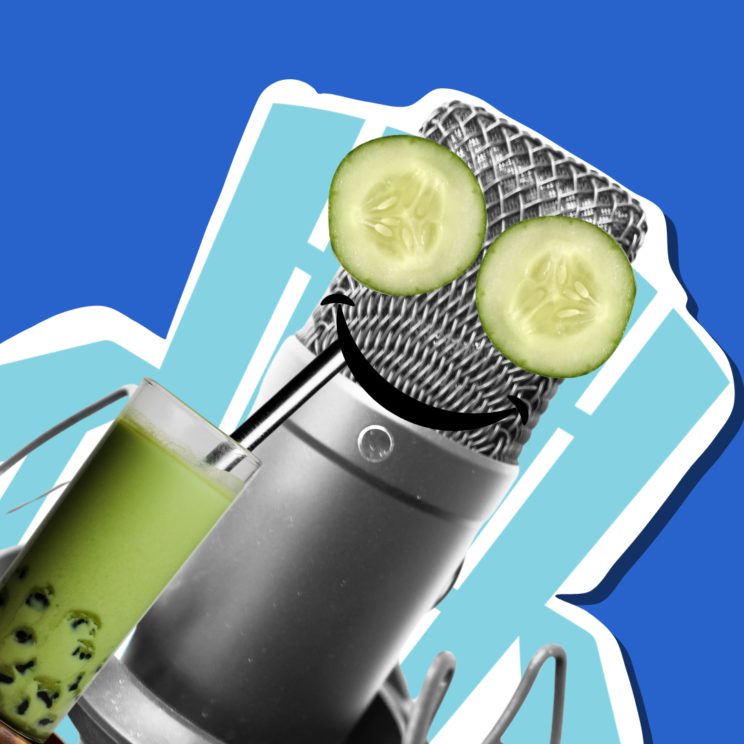A studio microphone relaxing at the spa with cucumber slices over its eyes and a green smoothie